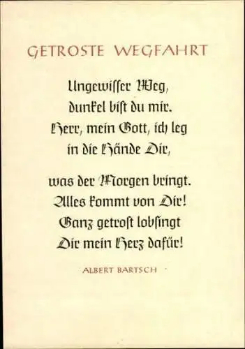 8 alte Ak Gedicht Getroste Wegfahrt von Albert Bartsch, im passenden Umschlag, diverse Ansichten