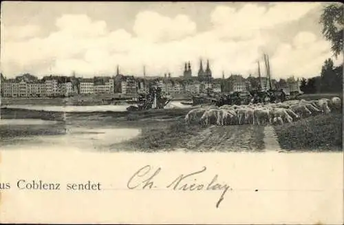 1 Klapp Ak Koblenz am Rhein, 3teilig, Besten Gruß aus Coblenz, Coblenz von der Moselseite