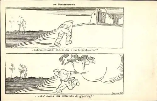 Künstler Ak Arnold, K., Soldat läuft zur Latrine, Gesprengte Latrine, Toilettenhumor