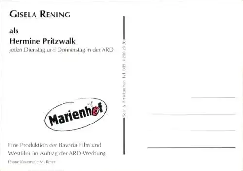 Ak Schauspielerin Gisela Rening, Portrait als Hermine Pritzwalk, Marienhof, Autogramm