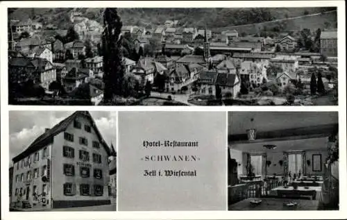 Ak Zell im Wiesental, Hotel Restaurant Schwanen, Panorama, Außenansicht, Gastraum