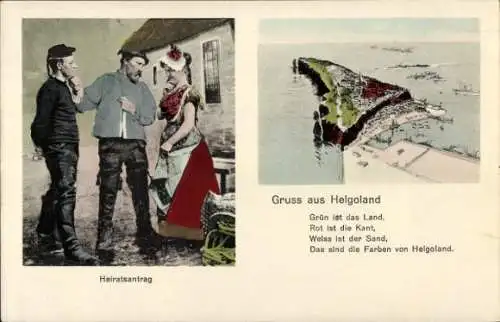 Ak Nordseeinsel Helgoland, Gesamtansicht, Trachtenbild, Heiratsantrag