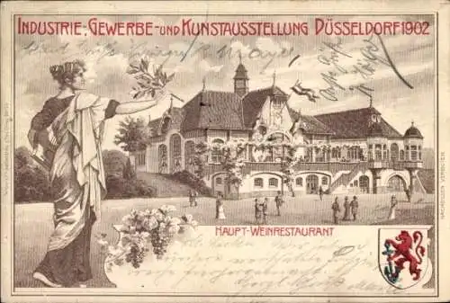 Wappen Litho Düsseldorf am Rhein, Industrie und Gewerbeausstellung 1902, Haupt-Weinrestaurant
