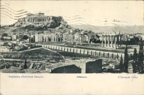 Ak Athen Griechenland, Stadtpanorama, Akropolis, Säulen, Parkanlagen
