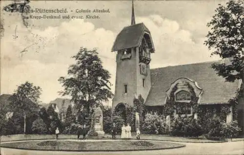 Ak Rüttenscheid Essen im Ruhrgebiet, Kolonie Altenhof, Krupp Denkmal und evangelische Kirche