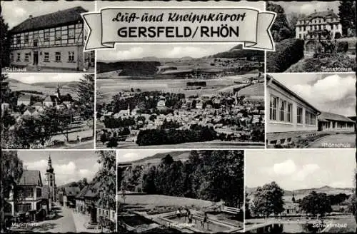 Ak Gersfeld in der Rhön Hessen, Rathaus, Marktplatz, Schwimmbad, Rhönschule, Sanatorium