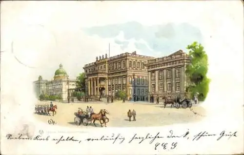 Litho Berlin Mitte, Palais Kaiser Friedrich, Unter den Linden, Droschken, Soldatenzug