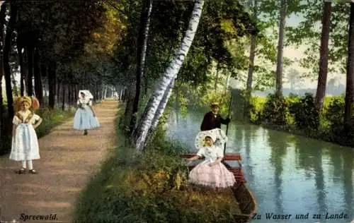 Ak Trachten Spreewald, zu Wasser, zu Lande, Kahn, Promenade am Wasser