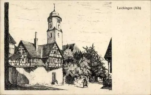 Künstler Ak Laichingen in Württemberg, Fachwerkhaus, Kirchturm