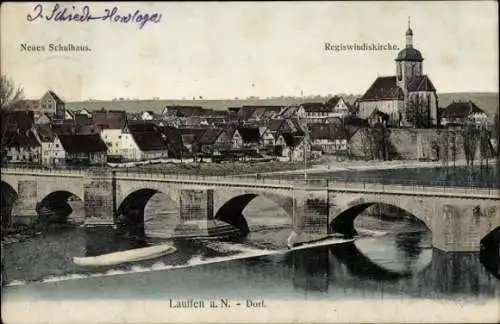 Ak Lauffen am Neckar, Brücke, Neues Schulhaus, Regiswindiskirche