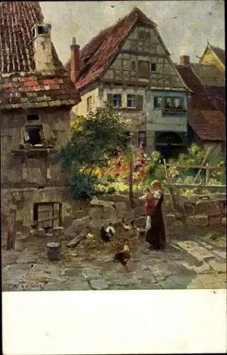 Künstler Ak Thamm, Adolf, Besigheim im Kreis Ludwigsburg, Alte Häuser, Frau mit Kind, Hühner
