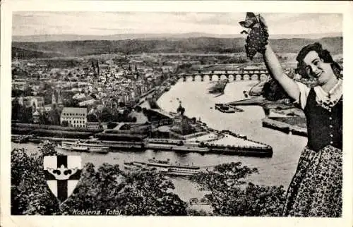 Ak Koblenz am Rhein, Panorama, Zusammenfluss Mosel und Rhein, Frau, Weintrauben, Europaspitze