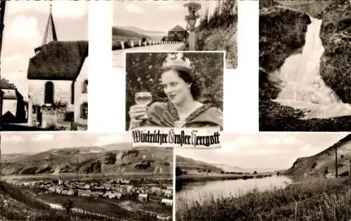 Ak Wintrich an der Mosel, Weinkönigin, Kirche, Wasserfall, Panorama