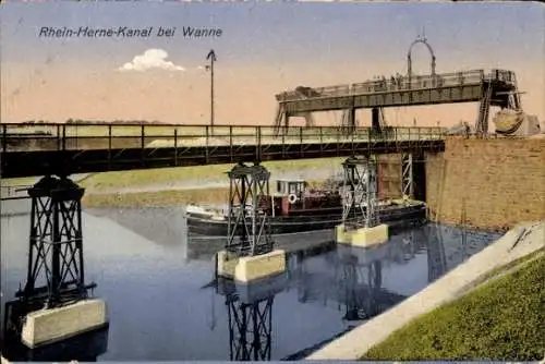 Ak Wanne Herne im Ruhrgebiet, Rhein Herne Kanal, Boot, Brücke