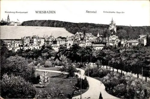 Ak Wiesbaden in Hessen, Neroberg-Restaurant, Nerotal, griechische Kapelle, Panorama