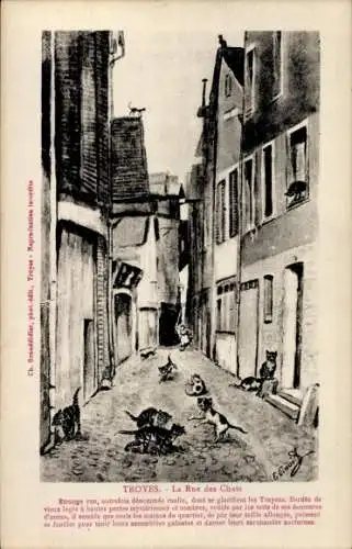 Künstler Ak Troyes Aube, La Rue des Chats, Katzen
