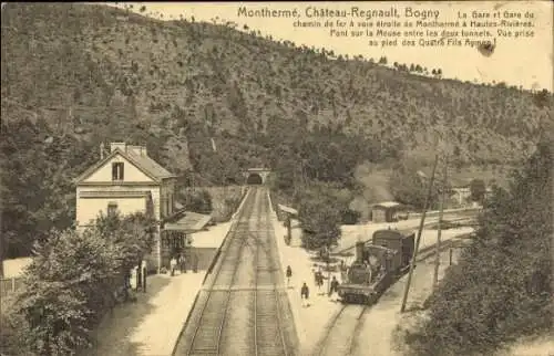 Ak Château-Regnault Bogny sur Meuse Ardennes, Bahnhof, Lokomotive