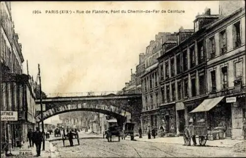 Ak Paris 19. Jahrhundert Buttes Chaumont, Rue de Flandre, Ceinture-Eisenbahnbrücke