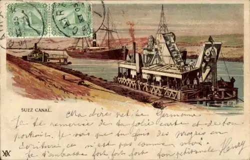 Litho Suez Ägypten, Bagger auf dem Suez Kanal, Dampfer