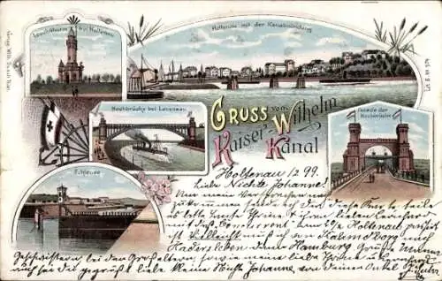 Litho Holtenau Kiel, Kaiser Wilhelm Kanal, Hochbrücke Levensau, Leuchtturm, Schleuse