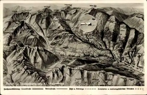 Ak Hirschegg Mittelberg im Kleinwalsertal Vorarlberg, Ifenhütte, Relief- und Tourenkarte