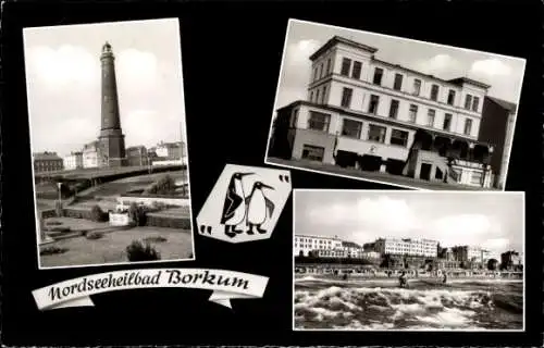 Ak Insel Borkum, Kinderkurheim Pinguin, Dir. Dr. Zühlke, Leuchtturm, Strand