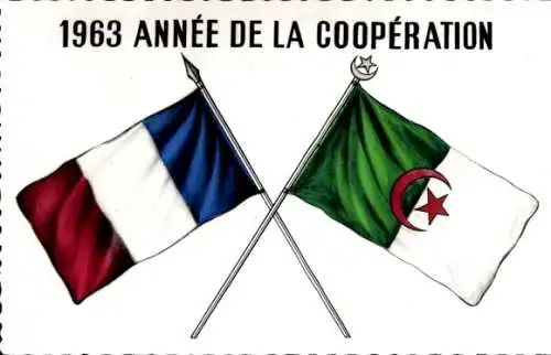 Ak Frankreich und Algerien, Jahr 1963, Zusammenarbeit, Fahnen
