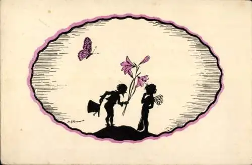 Scherenschnitt Künstler Ak Zwerg überreicht Elfe eine Blume, Schmetterling