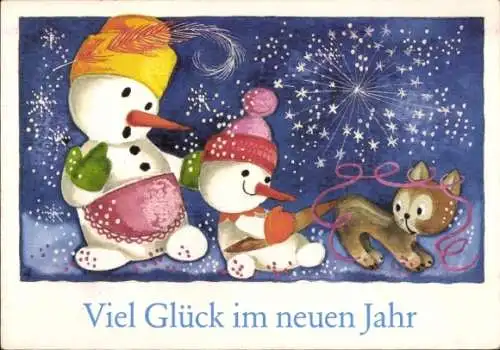 Ak Glückwunsch Neujahr, Schneemänner, Katze