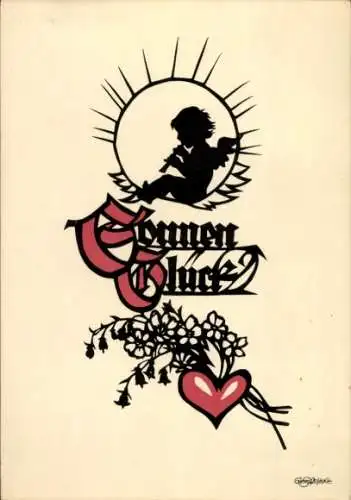 Scherenschnitt Künstler Ak Plischke, G., Blumenglück, Engel spielt Flöte, Herz