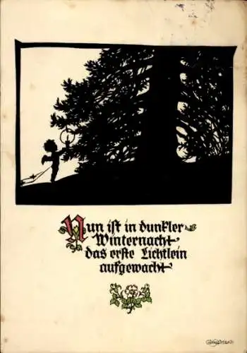 Scherenschnitt Künstler Ak Plischke, G., Tannenbaum, Nun ist in dunkler Winternacht...
