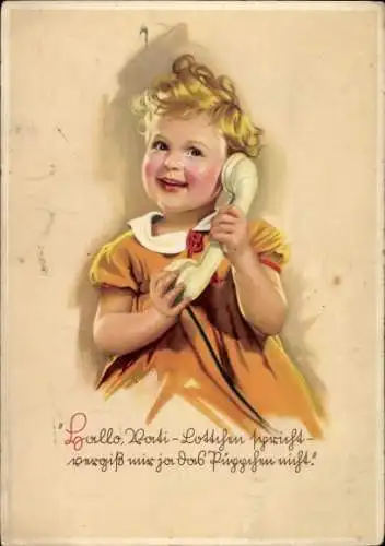 Künstler Ak Kleines Mädchen am Telefon
