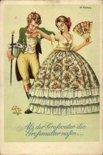 Künstler Ak Liebespaar, Mann küsst die Hand seiner Frau, Liebe, Fächer