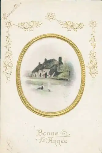 Seiden Präge Passepartout Ak Glückwunsch Neujahr, Wohnhaus, Blumen