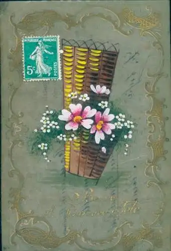 Zelluloid Ak Glückwunsch, Blumen, Korb, Kitsch