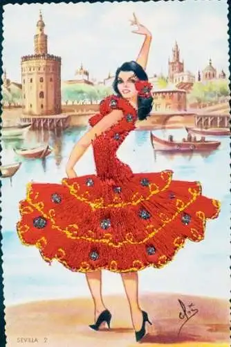 Seidenstick Künstler Ak Frau in rotem Kleid, Tänzerin, Sevilla