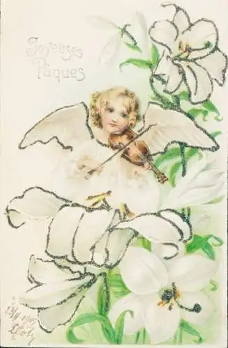 Präge Glitzer Litho Glückwunsch Ostern, Engel spielt Geige, Blumen