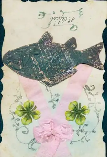 Stoff Glitzer Ak Glückwunsch 1. April, Fisch, Glücksklee, Stoffschleife