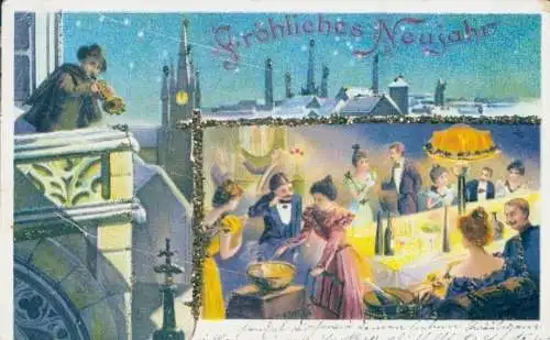 Glitzer Ak Glückwunsch Neujahr, Menschen am Tisch, Sektflaschen, Feier