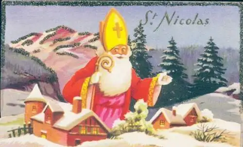 Glitzer Ak Glückwunsch Weihnachten, Nikolaus, Wohnhäuser