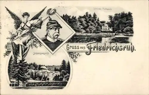 Litho Friedrichsruh Aumühle in Lauenburg, Schloss, Otto von Bismarck, Portrait, Engel