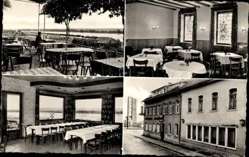 Ak Mittelheim Oestrich Winkel am Rhein Rheingau, Hotel Rheinterrasse Ruthmann, Gastraum, Terrasse