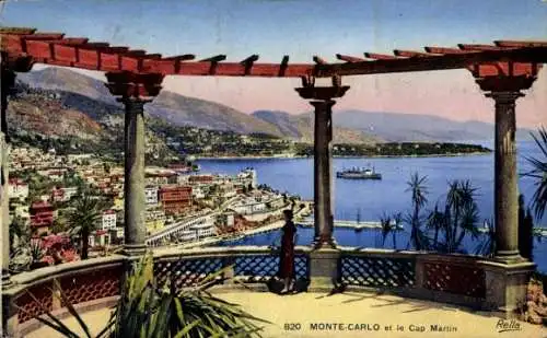 Ak Monte Carlo Monaco, Gesamtansicht, Cap Martin, Schiff