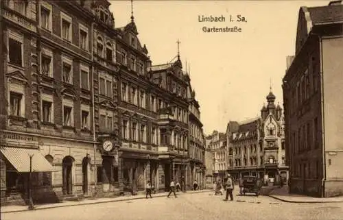 Ak Limbach Oberfrohna Sachsen, Partie in der Gartenstraße, Konditorei, Commerzbank, Goldwaren