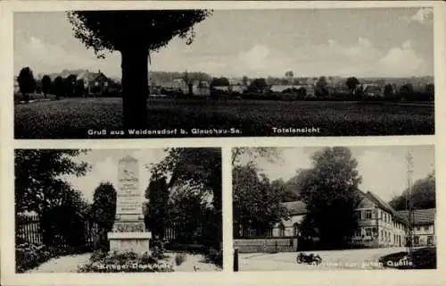 Ak Weidensdorf Remse in Sachsen, Totalansicht, Kriegerdenkmal, Gasthof zur guten Quelle, Bes. Astl