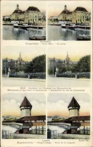 Ak Neuchâtel Neuenburg Stadt, Post, Genf, Denkmal des Herzogs von Braunschweig, Luzern, Brücke