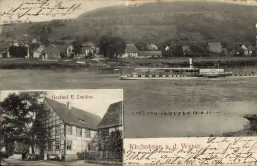 Ak Kirchohsen an der Weser Emmerthal Niedersachsen, Gasthof E. Zeddies, Ortsansicht, Dampfer