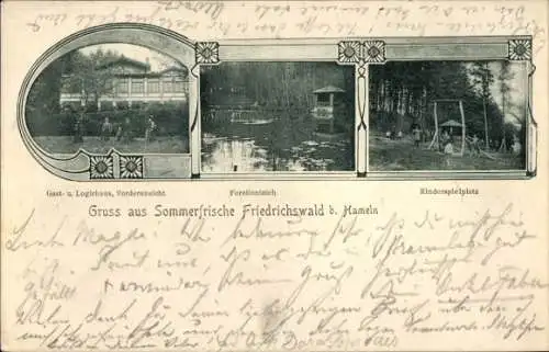 Ak Friedrichswald Hameln an der Weser Niedersachsen, Gasthaus, Logierhaus, Forellenteich, Spielplatz