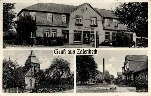 Ak Zasenbeck Wittingen in Niedersachsen, Geschäftshaus Stammer, Kirche, Dorfstraße
