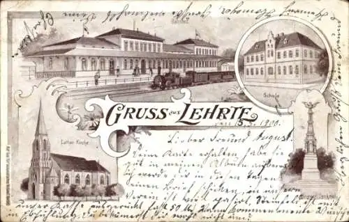 Litho Lehrte in Niedersachsen, Bahnhof, Dampflok, Schule, Lutherkirche, Kriegerdenkmal